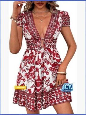 Boho Floral Ruffle Hem Short Dress Puff Sleeve Deep V Neck Tie Front